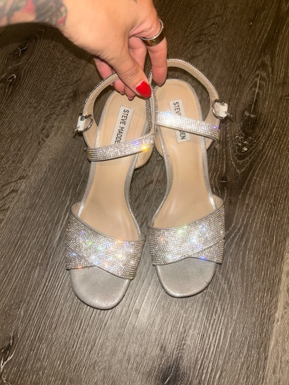 Steve Madden Silver Rhinestone Ankle-Strap Heels